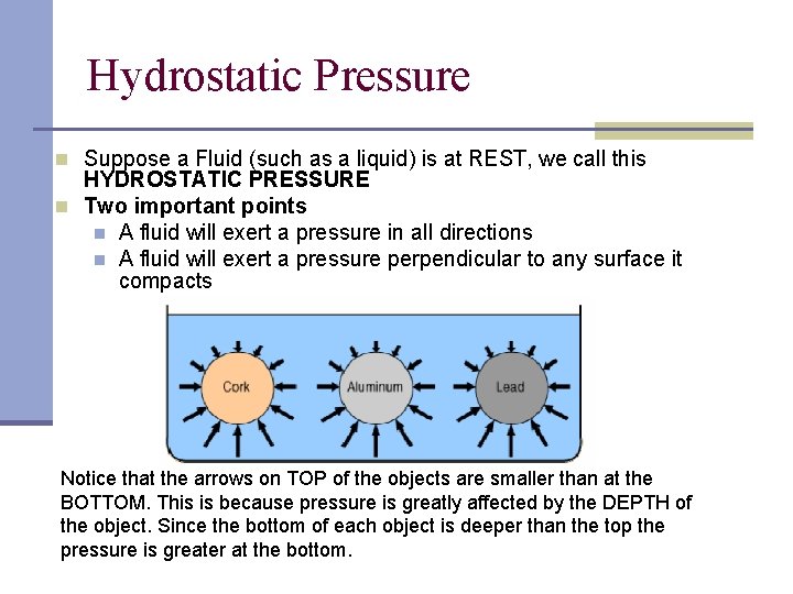 Hydrostatic Pressure n Suppose a Fluid (such as a liquid) is at REST, we