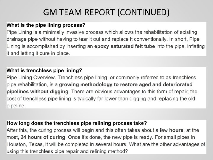 GM TEAM REPORT (CONTINUED) 