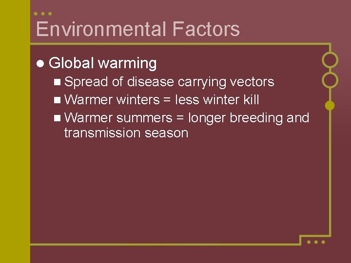 Environmental Factors l Global warming n Spread of disease carrying vectors n Warmer winters
