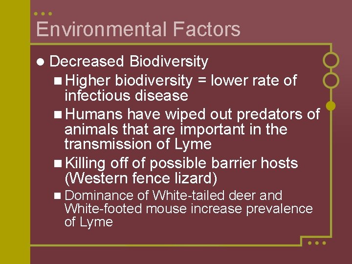 Environmental Factors l Decreased Biodiversity n Higher biodiversity = lower rate of infectious disease