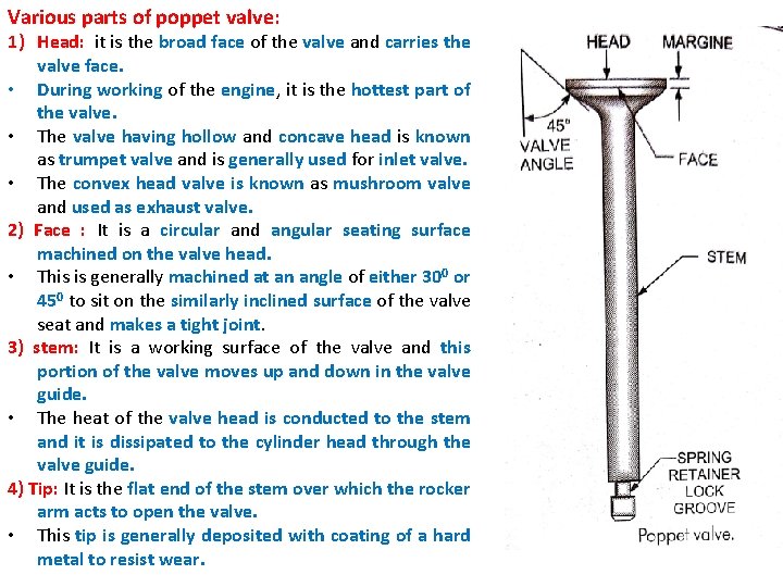 Various parts of poppet valve: 1) Head: it is the broad face of the