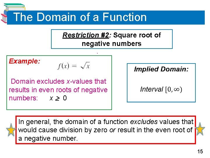 The Domain of a Function Restriction #2: Square root of negative numbers. Example: Domain The Domain of a Function Restriction #2: Square root of negative numbers. Example: Domain
