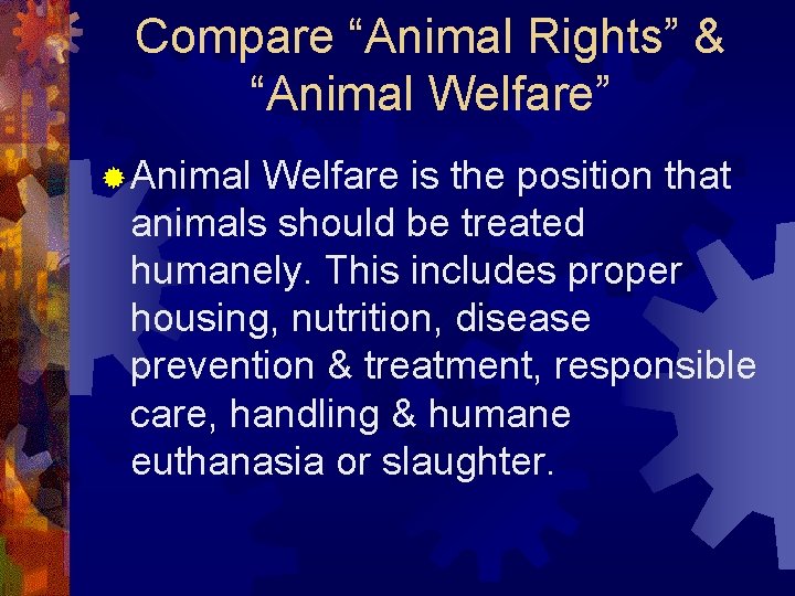 Compare “Animal Rights” & “Animal Welfare” ® Animal Welfare is the position that animals