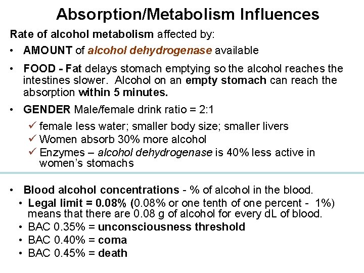 Absorption/Metabolism Influences Rate of alcohol metabolism affected by: • AMOUNT of alcohol dehydrogenase available