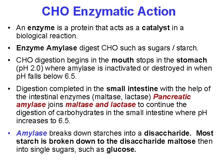 CHO Enzymatic Action • An enzyme is a protein that acts as a catalyst