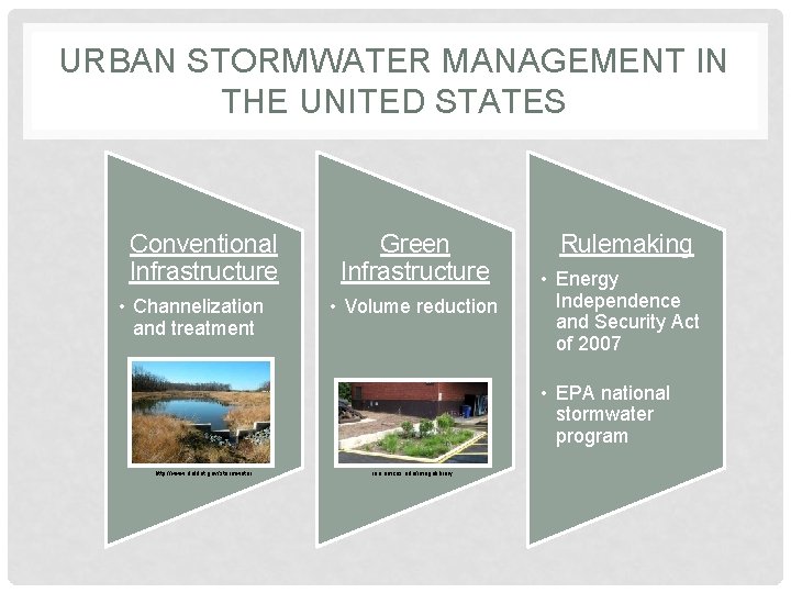 URBAN STORMWATER MANAGEMENT IN THE UNITED STATES Conventional Infrastructure • Channelization and treatment Green