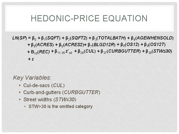 HEDONIC-PRICE EQUATION LN(SP) = β 0 + β 1(SQFT) + β 2(SQFT 2) +
