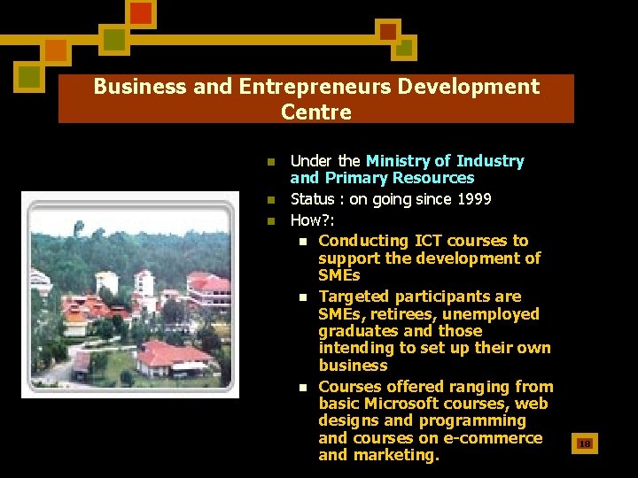 Business and Entrepreneurs Development Centre n n n Under the Ministry of Industry and