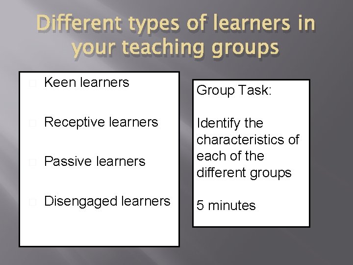Different types of learners in your teaching groups � Keen learners � Receptive learners