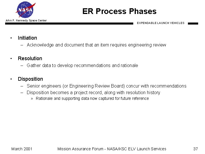 ER Process Phases John F. Kennedy Space Center • EXPENDABLE LAUNCH VEHICLES Initiation –