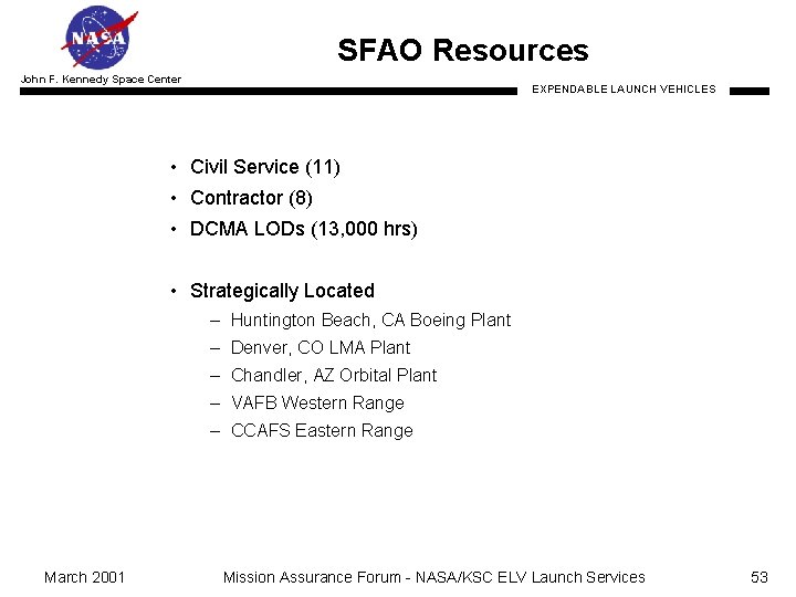 SFAO Resources John F. Kennedy Space Center EXPENDABLE LAUNCH VEHICLES • Civil Service (11)