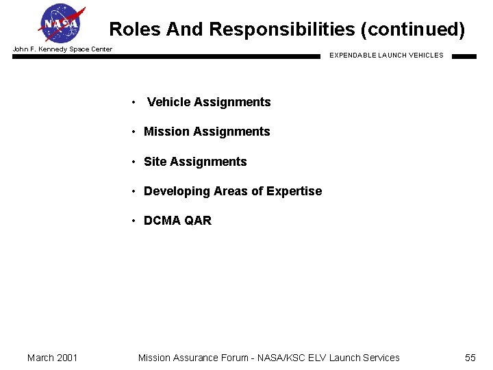 Roles And Responsibilities (continued) John F. Kennedy Space Center EXPENDABLE LAUNCH VEHICLES • Vehicle