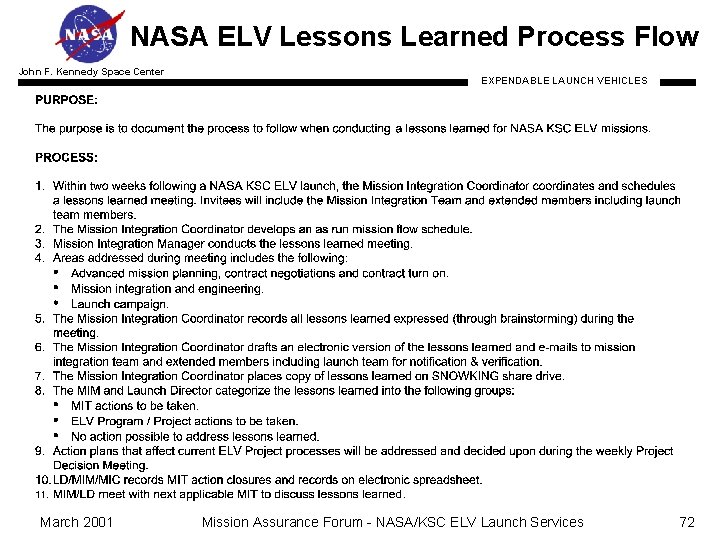 NASA ELV Lessons Learned Process Flow John F. Kennedy Space Center March 2001 EXPENDABLE