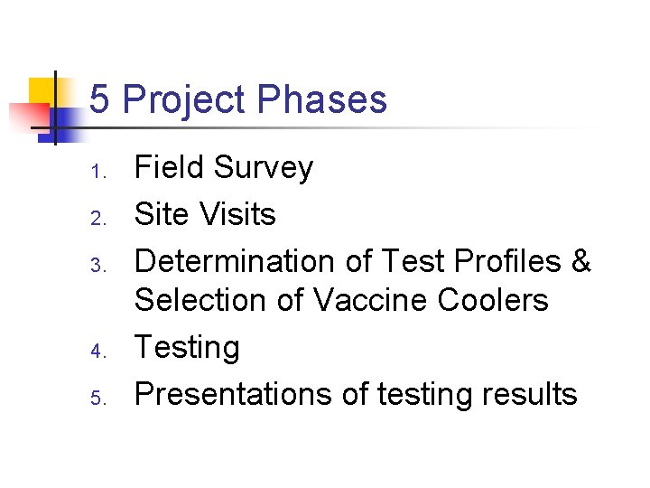 5 Project Phases 1. 2. 3. 4. 5. Field Survey Site Visits Determination of
