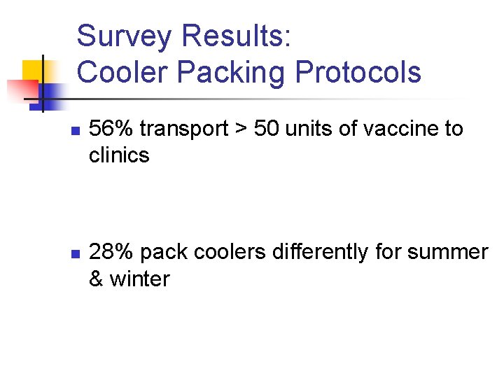 Survey Results: Cooler Packing Protocols n n 56% transport > 50 units of vaccine