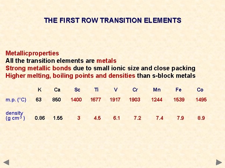 THE FIRST ROW TRANSITION ELEMENTS Metallicproperties All the transition elements are metals Strong metallic