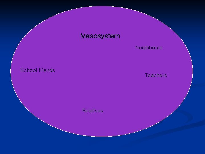 Mesosystem Neighbours School friends Teachers Relatives 