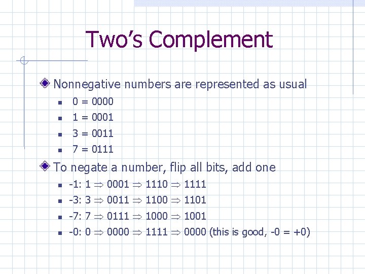 Two’s Complement Nonnegative numbers are represented as usual 0 = 0000 1 = 0001
