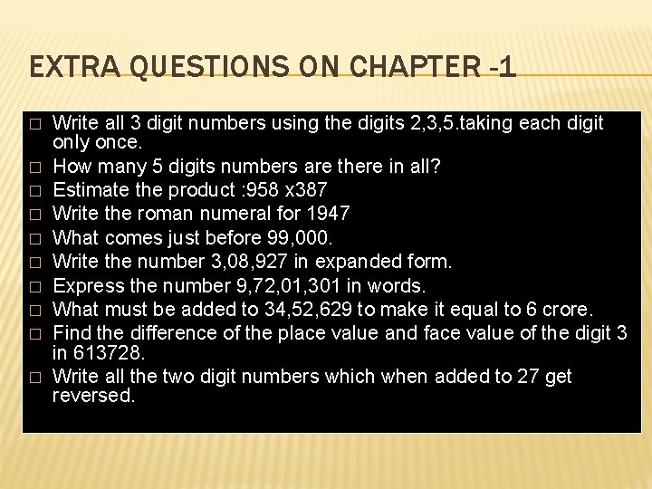 EXTRA QUESTIONS ON CHAPTER -1 � � � � � Write all 3 digit