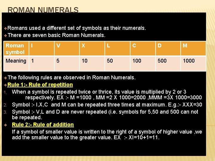 ROMAN NUMERALS v. Romans used a different set of symbols as their numerals. v.