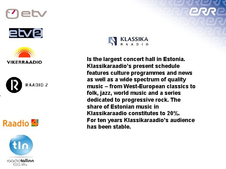Is the largest concert hall in Estonia. Klassikaraadio’s present schedule features culture programmes and
