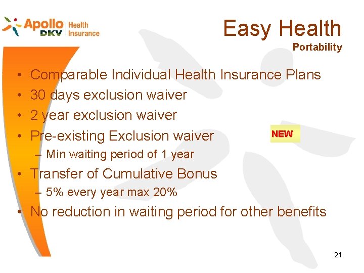 Easy Health Portability • • Comparable Individual Health Insurance Plans 30 days exclusion waiver