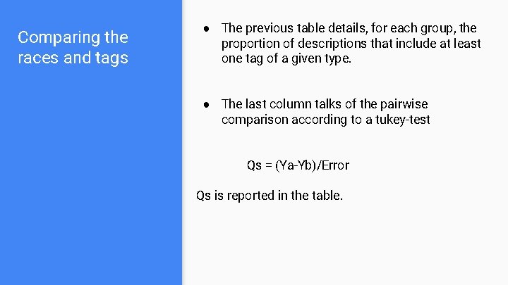 Comparing the races and tags ● The previous table details, for each group, the
