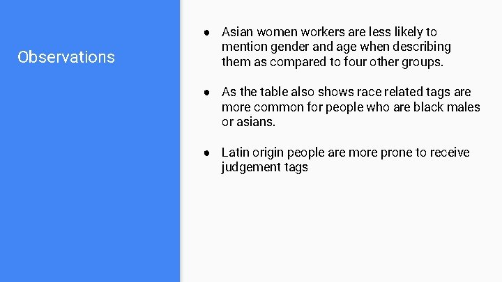 Observations ● Asian women workers are less likely to mention gender and age when