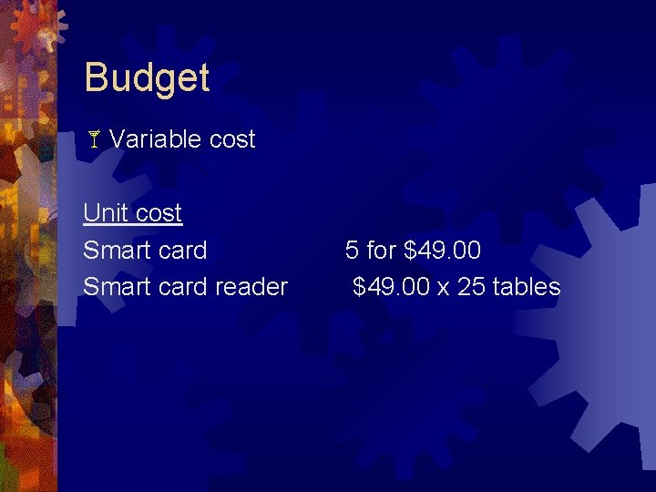 Budget Variable cost Unit cost Smart card reader 5 for $49. 00 x 25