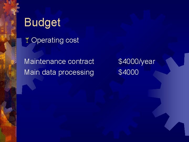 Budget Operating cost Maintenance contract Main data processing $4000/year $4000 