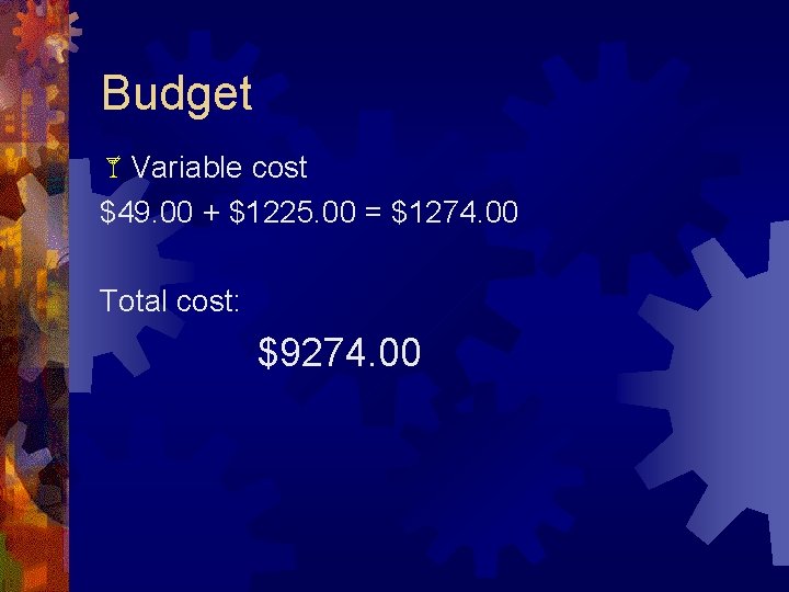 Budget Variable cost $49. 00 + $1225. 00 = $1274. 00 Total cost: $9274.