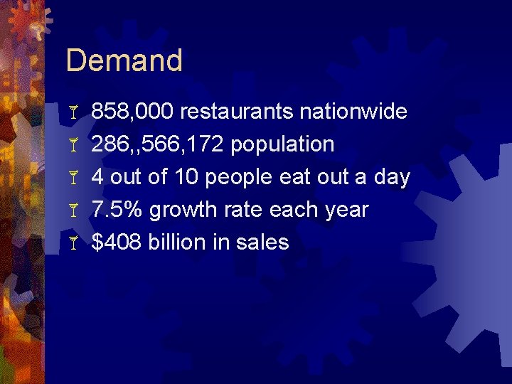 Demand 858, 000 restaurants nationwide 286, , 566, 172 population 4 out of 10