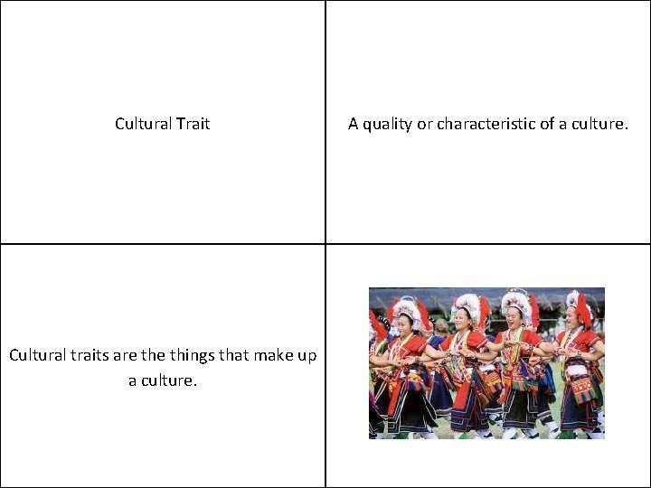 Cultural Trait Cultural traits are things that make up a culture. A quality or