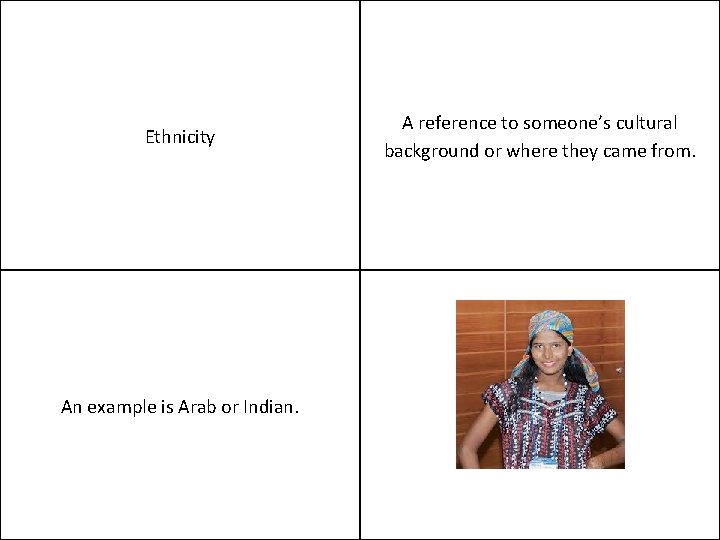 Ethnicity An example is Arab or Indian. A reference to someone’s cultural background or