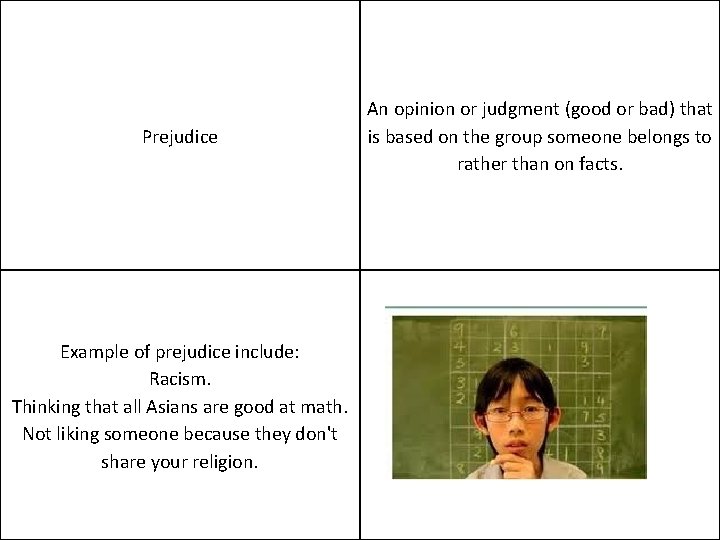 Prejudice Example of prejudice include: Racism. Thinking that all Asians are good at math.