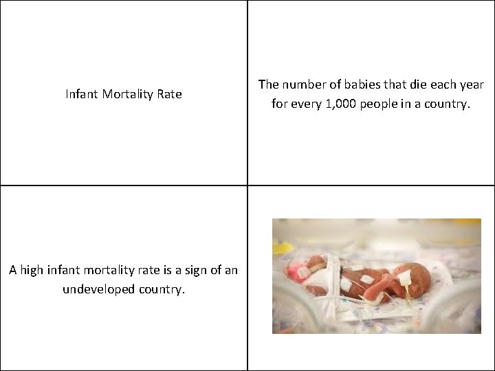 Infant Mortality Rate A high infant mortality rate is a sign of an undeveloped