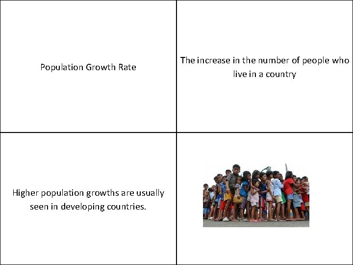 Population Growth Rate Higher population growths are usually seen in developing countries. The increase