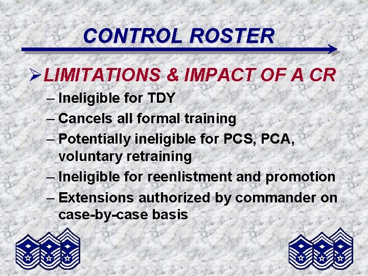 CONTROL ROSTER ØLIMITATIONS & IMPACT OF A CR – Ineligible for TDY – Cancels