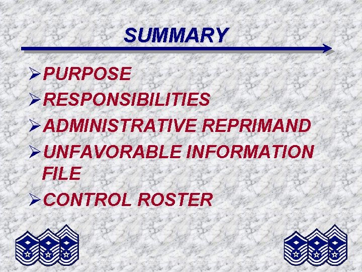 SUMMARY ØPURPOSE ØRESPONSIBILITIES ØADMINISTRATIVE REPRIMAND ØUNFAVORABLE INFORMATION FILE ØCONTROL ROSTER 