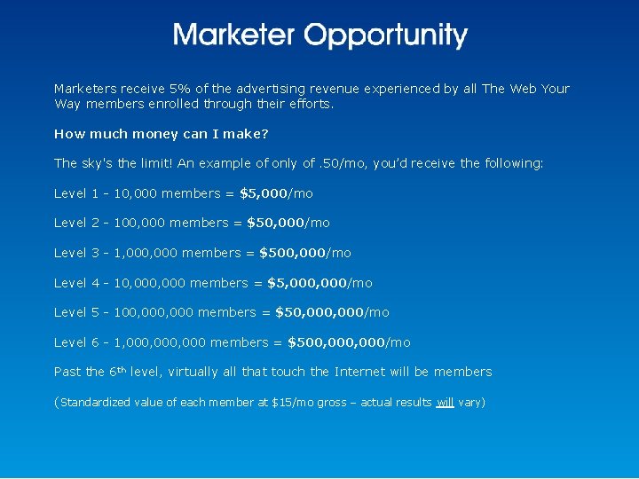 Marketers receive 5% of the advertising revenue experienced by all The Web Your Way