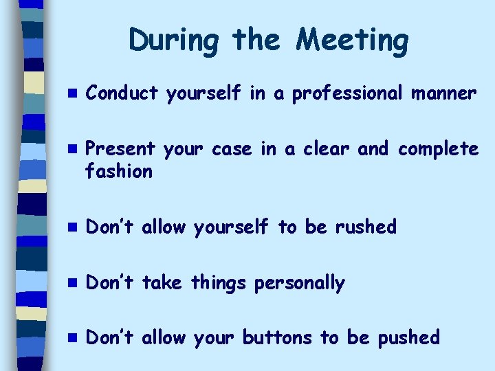 During the Meeting n Conduct yourself in a professional manner n Present your case