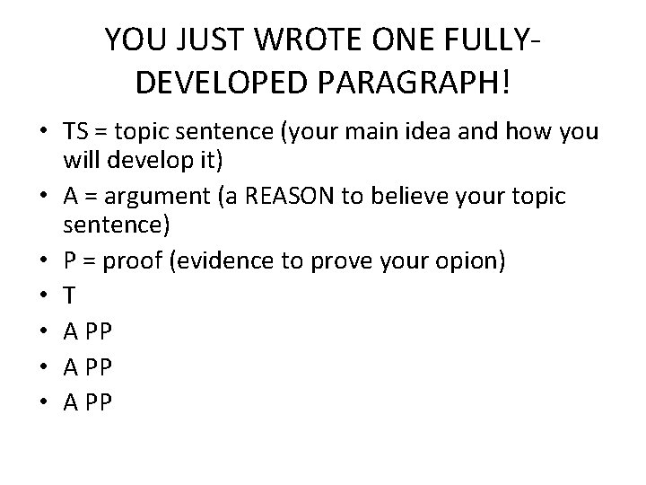 YOU JUST WROTE ONE FULLYDEVELOPED PARAGRAPH! • TS = topic sentence (your main idea