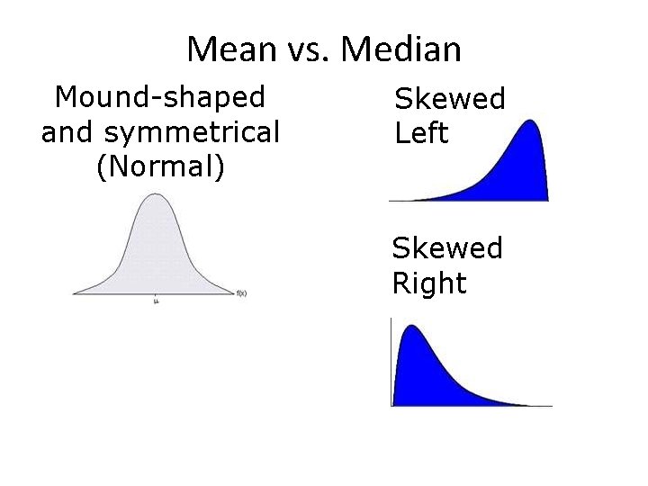 Mean vs. Median Mound-shaped and symmetrical (Normal) Skewed Left Skewed Right 