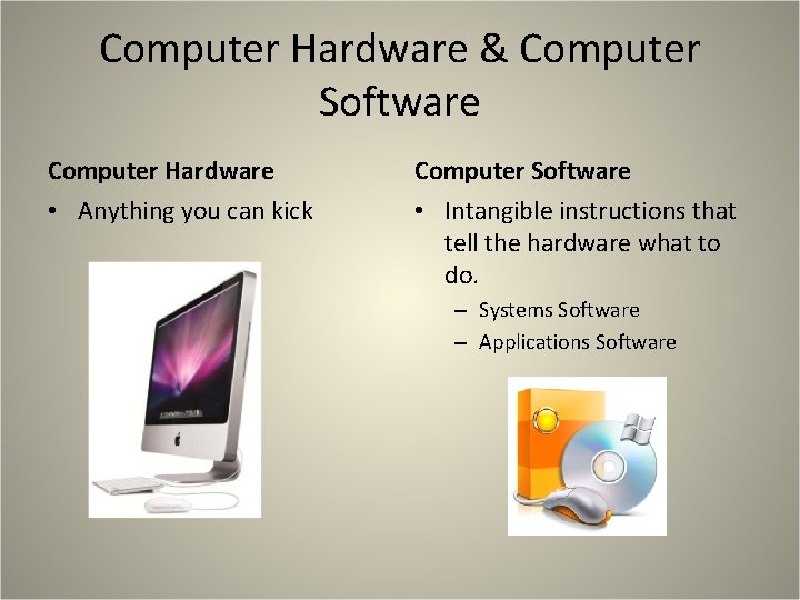 Computer Hardware & Computer Software Computer Hardware Computer Software • Anything you can kick
