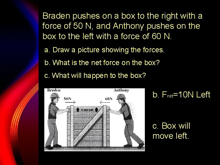 Braden pushes on a box to the right with a force of 50 N,