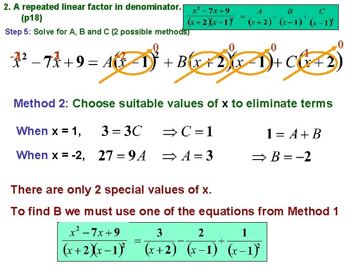 2. A repeated linear factor in denominator. (p 18) Step 5: Solve for A,