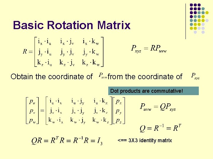 Basic Rotation Matrix Obtain the coordinate of from the coordinate of Dot products are