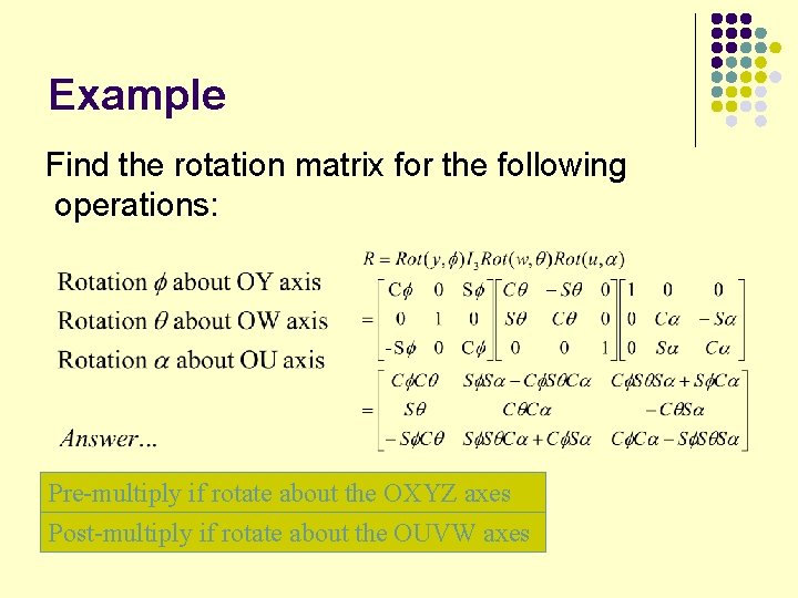 Example Find the rotation matrix for the following operations: Pre-multiply if rotate about the