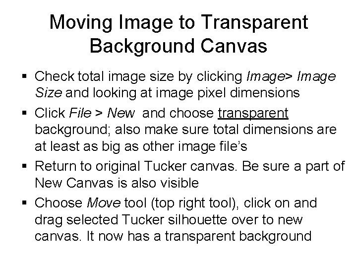 Moving Image to Transparent Background Canvas § Check total image size by clicking Image>