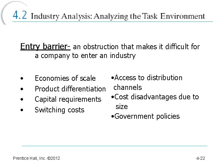 Entry barrier- an obstruction that makes it difficult for a company to enter an
